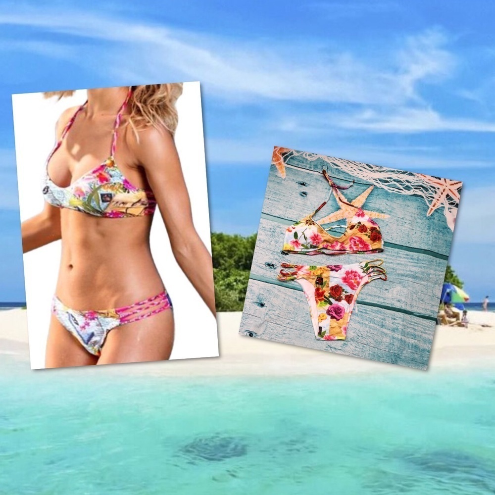 Floral neck tie strappy bikini swimsuit - Picture 3 of 8